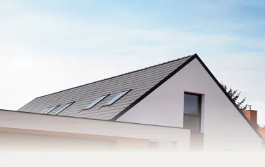 White house with a gray roof and two skylights