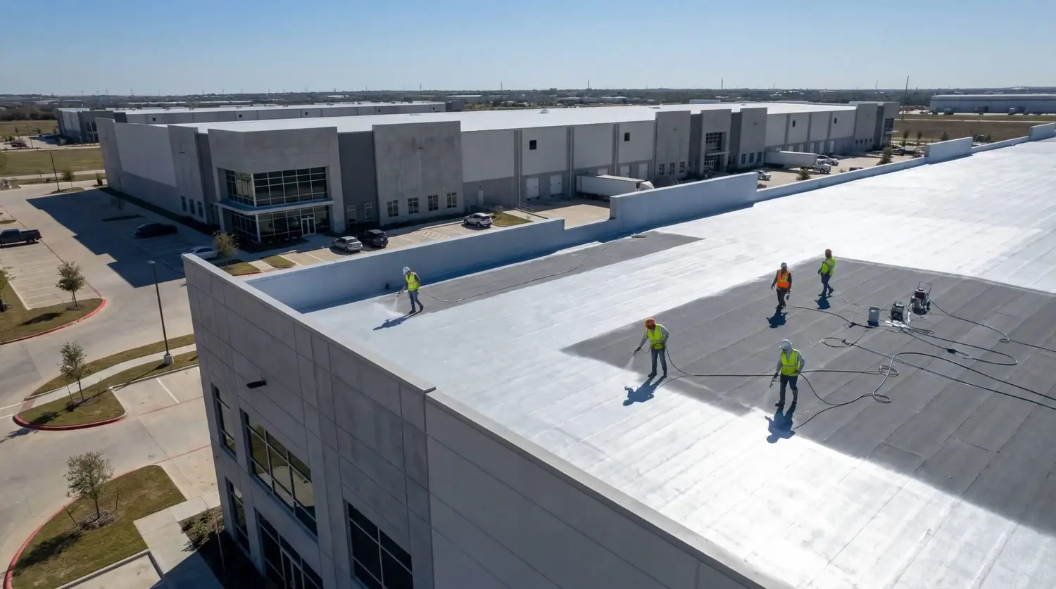 M&M Roofing crew applying reflective coating to a large commercial flat roof